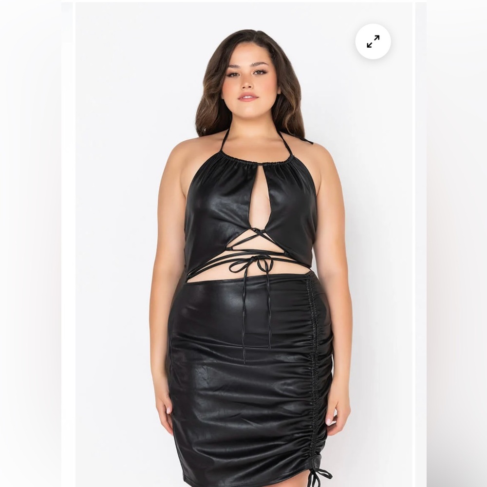 AKIRA Faux Leather Black Halter Tie Crop Top and Ruched Skirt Dress